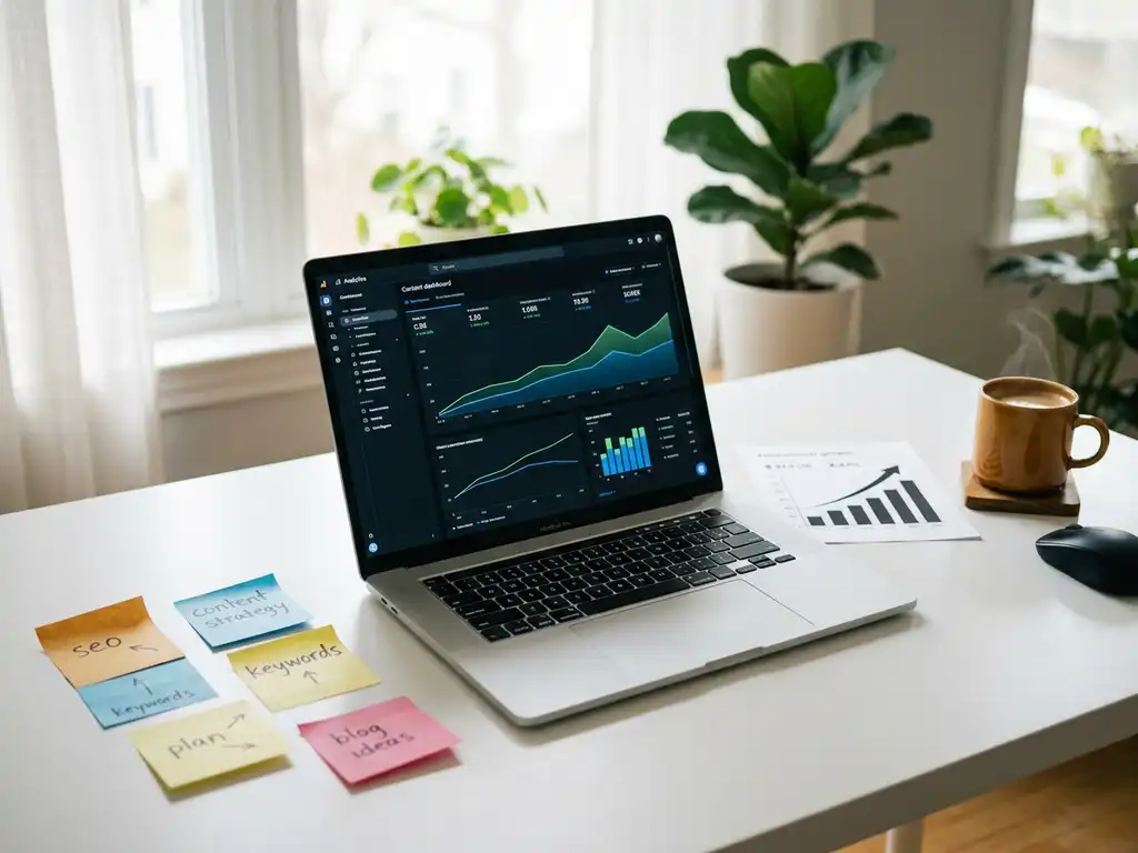 Laptop på minimalistiskt skrivbord med innehållsdashboard, omgiven av sticky notes med nyckelordsklusters och stigande stapeldiagram, bredvid kaffekopp.