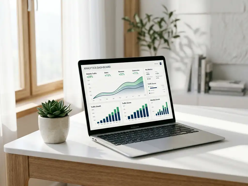 Laptop på minimalistiskt vitt skrivbord med analysdashboard och stigande grafer, liten suckulentväxt bredvid, mjukt morgonljus.