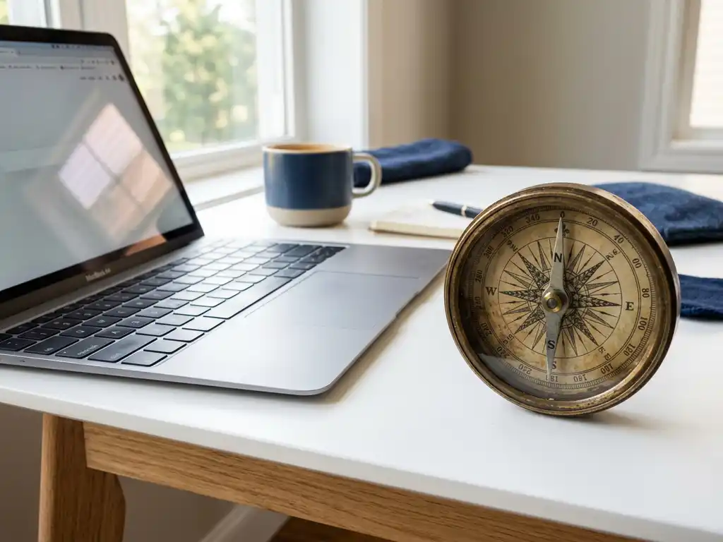 Weathered brass compass on a minimalist desk beside an open laptop, bathed in soft morning light with navy and amber tones.