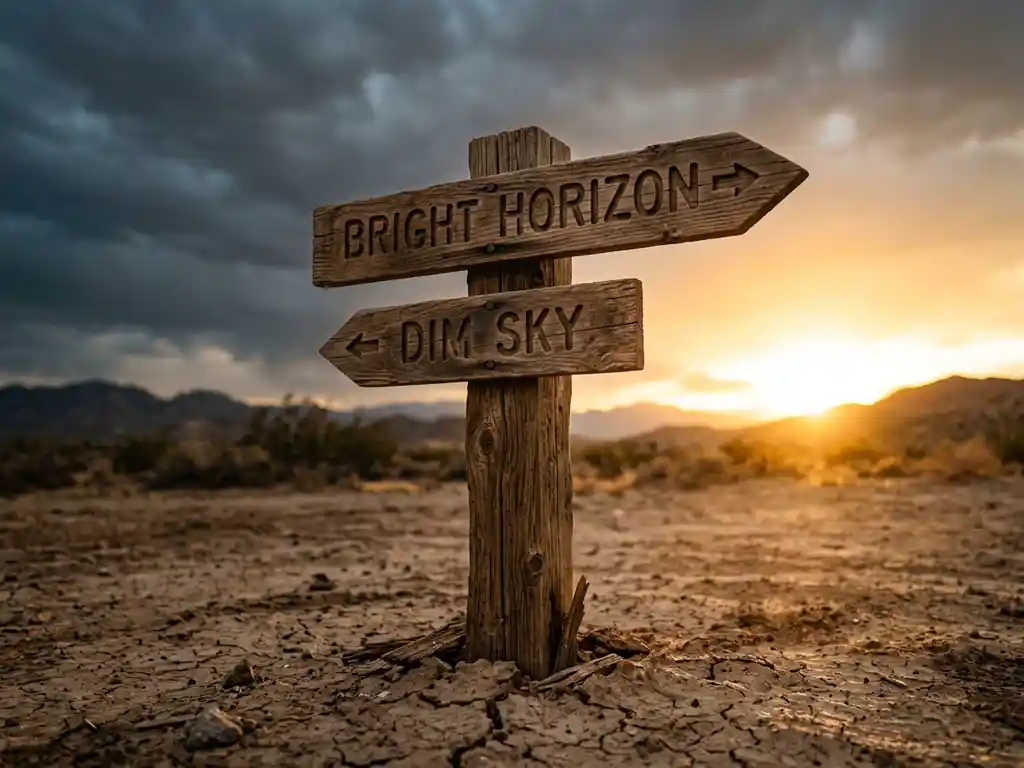Weathered wooden signpost with two directional arrows in cracked desert earth, one pointing toward a golden horizon, the other toward an overcast sky.